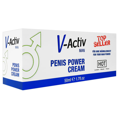 HOT V-Activ Man Penis Power Cream 50ml tube with a sleek design, showcasing its stimulating properties for enhanced sexual performance.