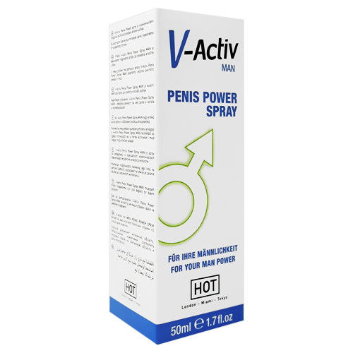 HOT V-Activ Man Penis Power Spray 50ml bottle with a sleek design, showcasing its stimulating properties for enhanced sexual pleasure.