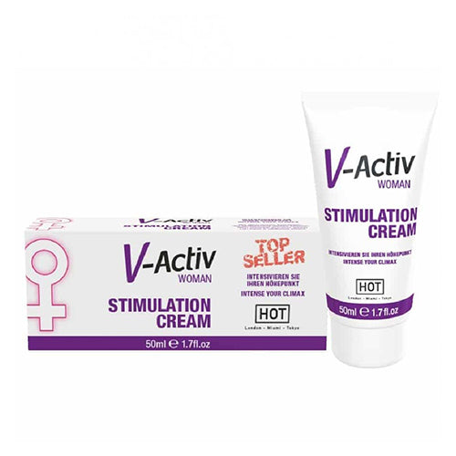 HOT V-Active Woman Stimulation Cream in a sleek container, designed for enhancing female arousal and pleasure with essential oils.