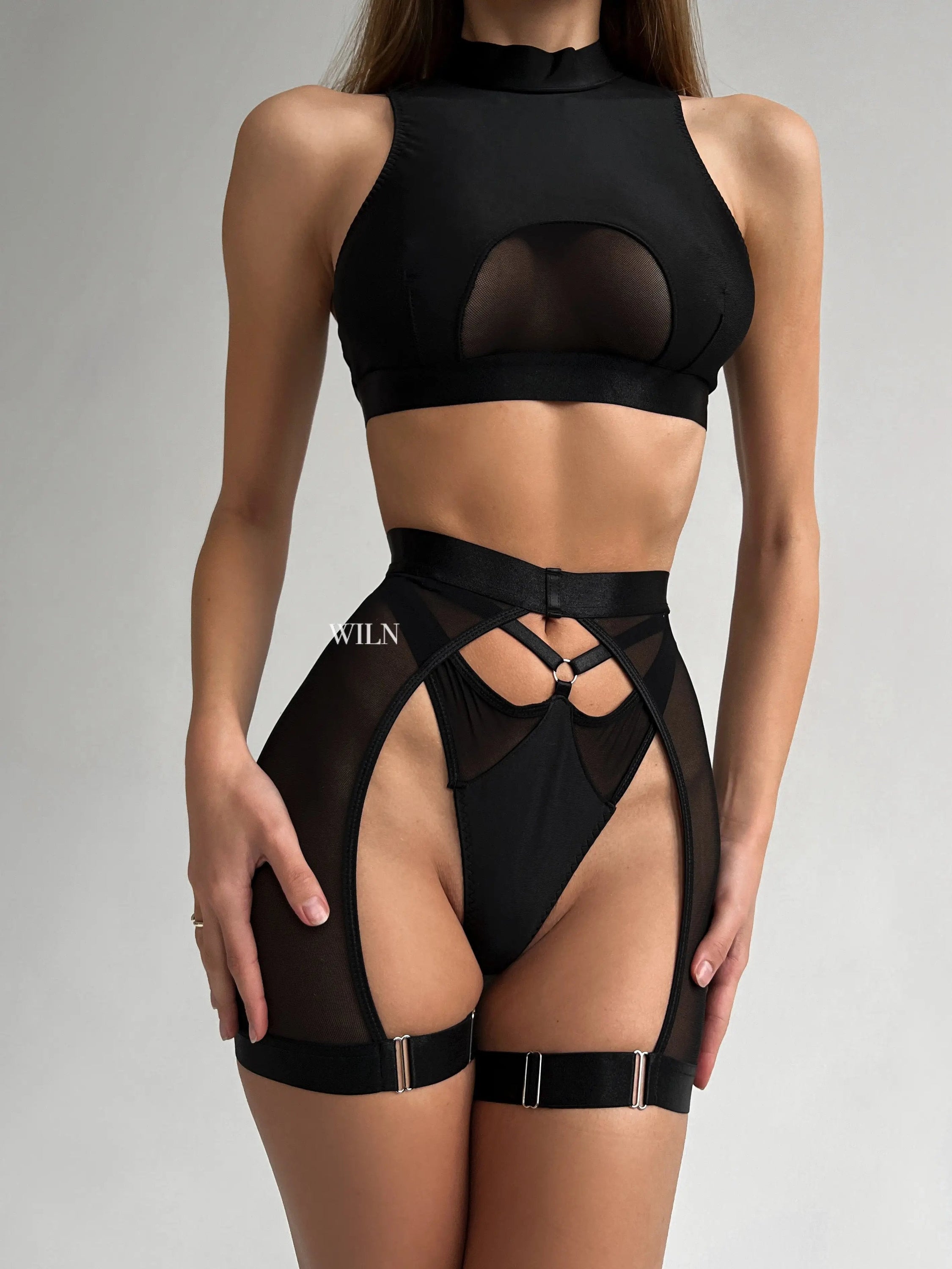 HYPNOSIS 3 Piece Lingerie Set featuring delicate mesh panels, soft bustier, waist-cinching suspender belt, and matching thong in Black and Pink.