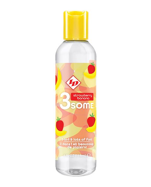 ID 3some 3 in 1 Lubricant Strawberry Banana 4fl. oz bottle with vibrant fruit design, showcasing its delicious flavor.