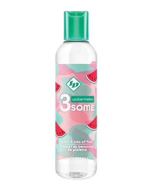 ID 3some 3 in 1 Lubricant Watermelon 4fl. oz bottle with a vibrant watermelon design, showcasing its delicious flavor and multi-use benefits.