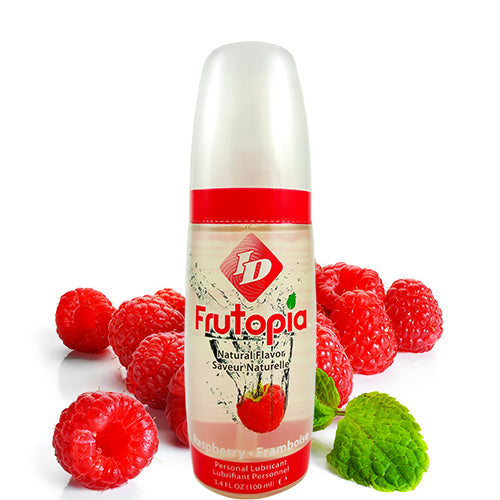 ID Frutopia Raspberry 100ml water-based lubricant bottle with raspberry flavor, featuring a clear and non-greasy formula.