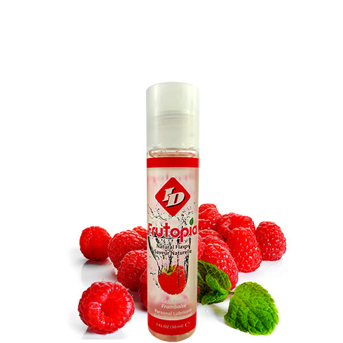 ID Frutopia Raspberry 30ml water-based lubricant bottle with raspberry flavor, featuring a clear and non-greasy formula.