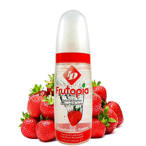 ID Frutopia Strawberry 100ml water-based lubricant bottle with a vibrant strawberry design, showcasing its vegan-friendly and sugar-free features.