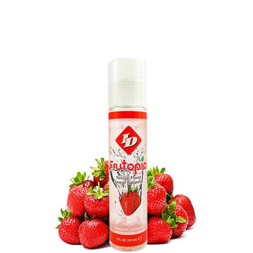 ID Frutopia Strawberry 30ml water-based lubricant bottle with a vibrant strawberry design.