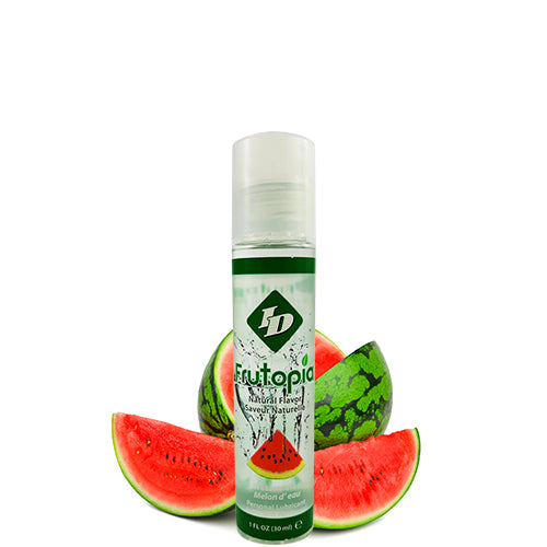 ID Frutopia Watermelon 30ml water-based lubricant bottle with a vibrant watermelon design, showcasing its sweet flavor and vegan-friendly ingredients.