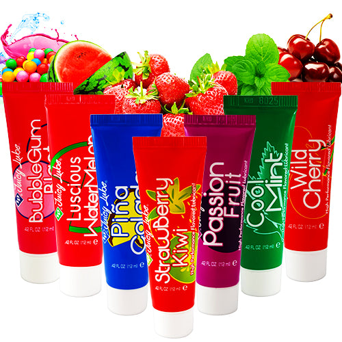 Assorted fruit-flavored lip gloss tubes.