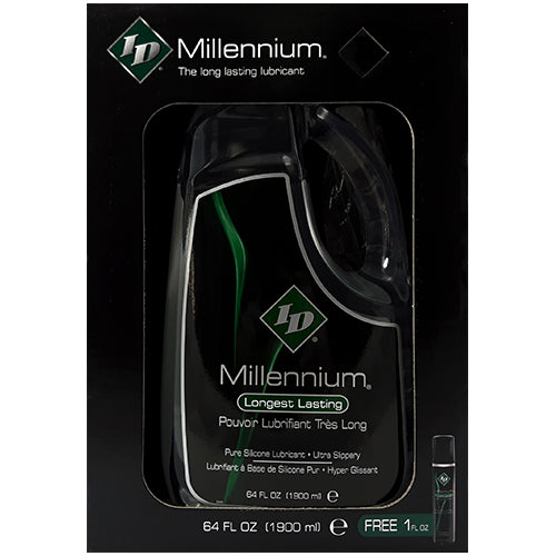 ID Millennium silicone-based lubricant bottle with a sleek design, showcasing its clear and smooth texture.