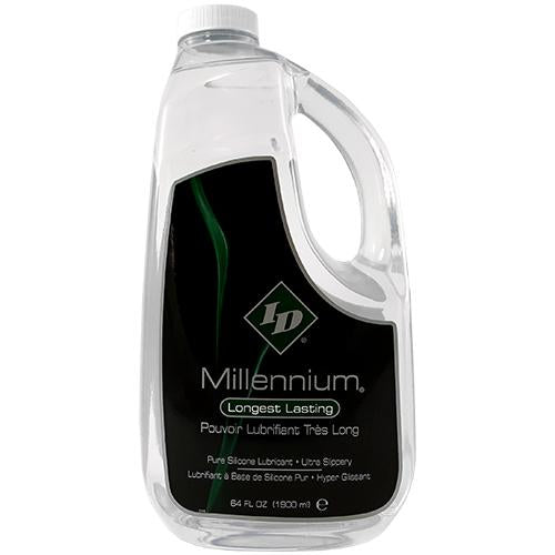 ID Millennium silicone-based lubricant bottle with a sleek design, showcasing its clear and smooth texture.