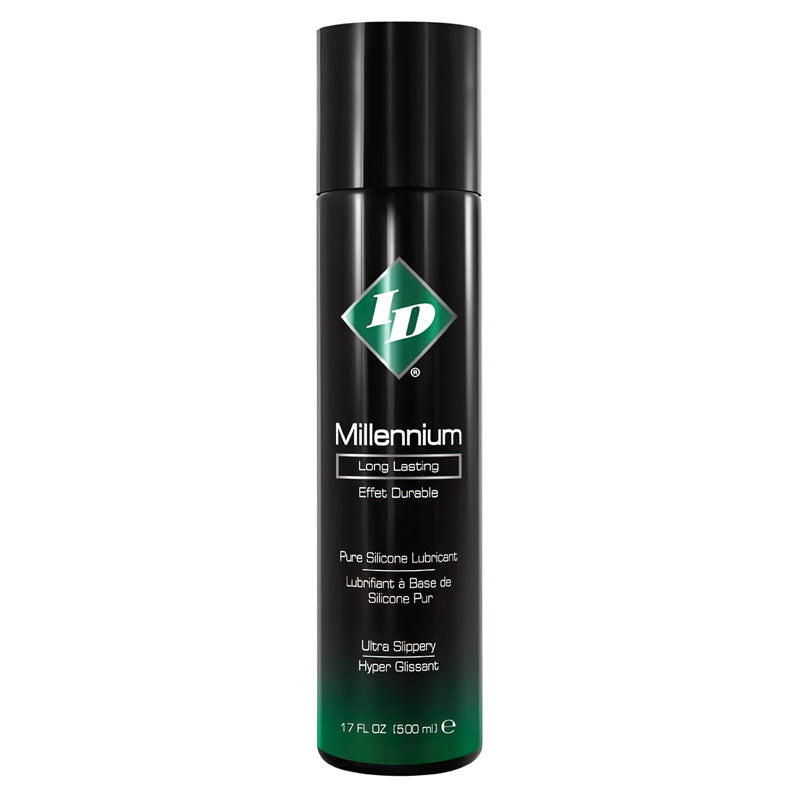 ID Millennium silicone-based lubricant bottle with a sleek design, showcasing its clear and smooth texture.