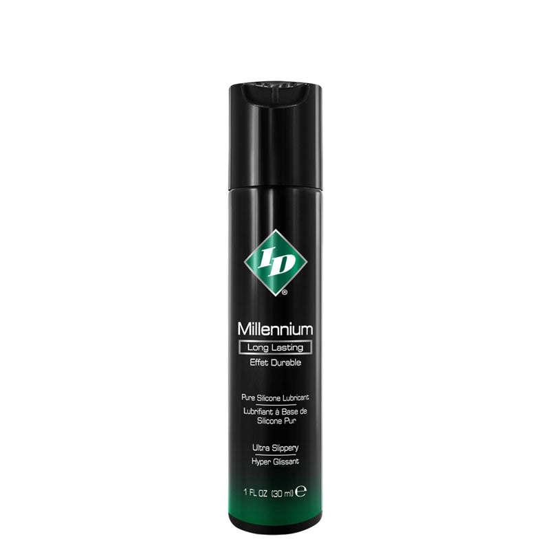 ID Millennium silicone-based lubricant bottle with a sleek design, showcasing its clear and smooth texture.