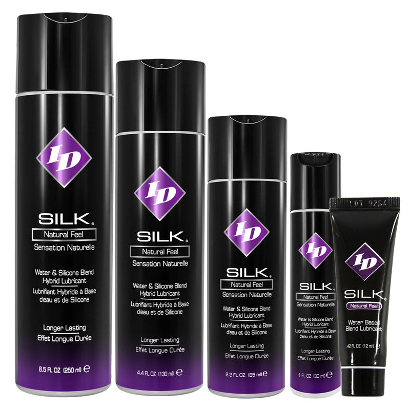 ID Silk Natural Feel lubricant bottle with a sleek design, showcasing its premium quality and hybrid formula for enhanced pleasure.