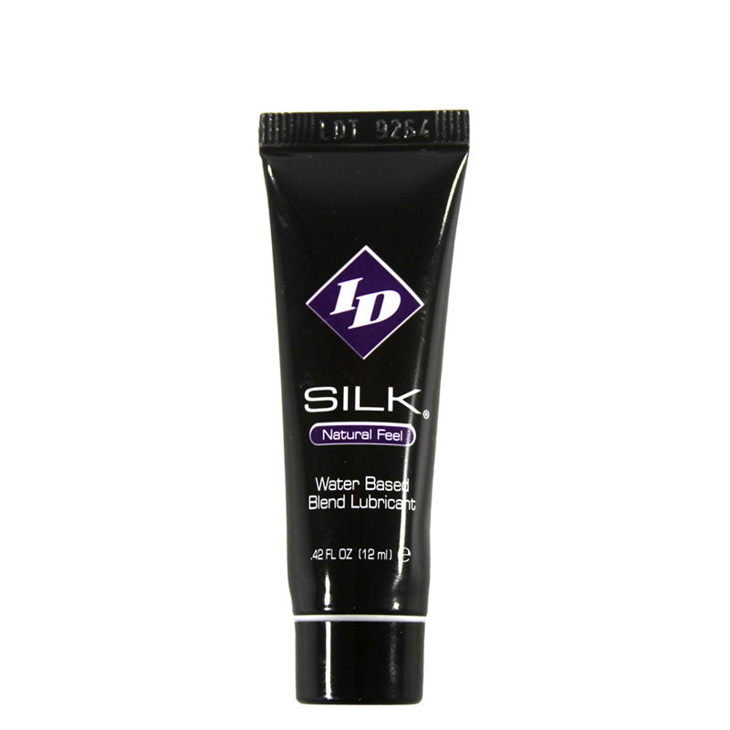 ID Silk Natural Feel lubricant bottle with a sleek design, showcasing its premium quality and hybrid formula for enhanced pleasure.