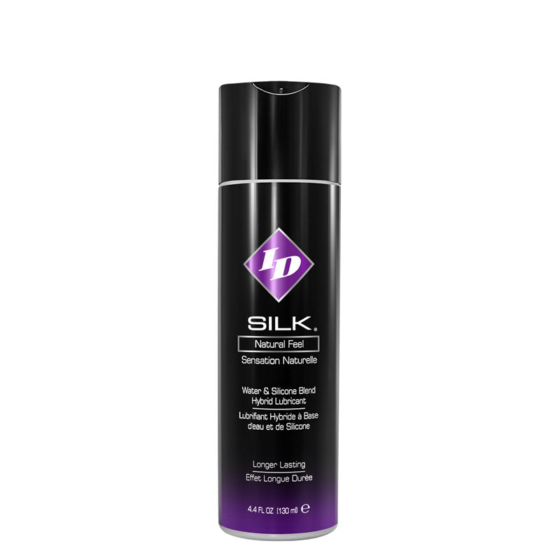 ID Silk Natural Feel lubricant bottle with a sleek design, showcasing its premium quality and hybrid formula for enhanced pleasure.