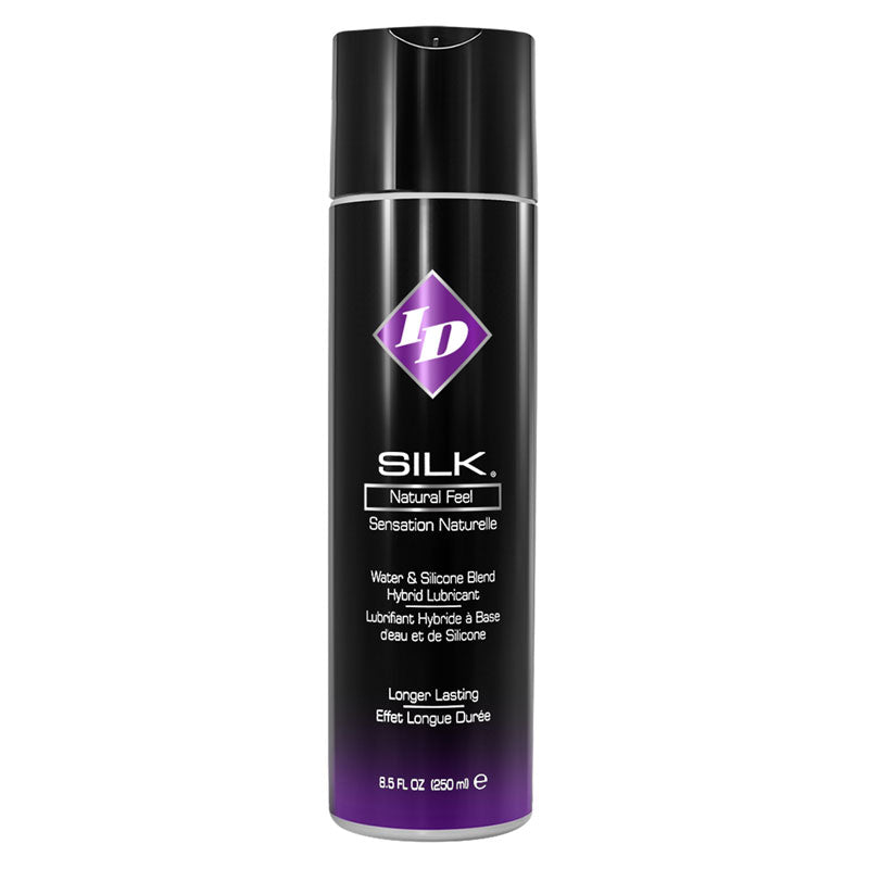 ID Silk Natural Feel lubricant bottle with a sleek design, showcasing its premium quality and hybrid formula for enhanced pleasure.