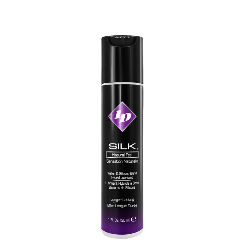 ID Silk Natural Feel lubricant bottle with a sleek design, showcasing its premium quality and hybrid formula for enhanced pleasure.