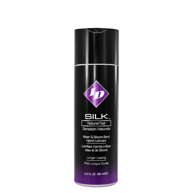 ID Silk Natural Feel lubricant bottle with a sleek design, showcasing its premium quality and hybrid formula for enhanced pleasure.