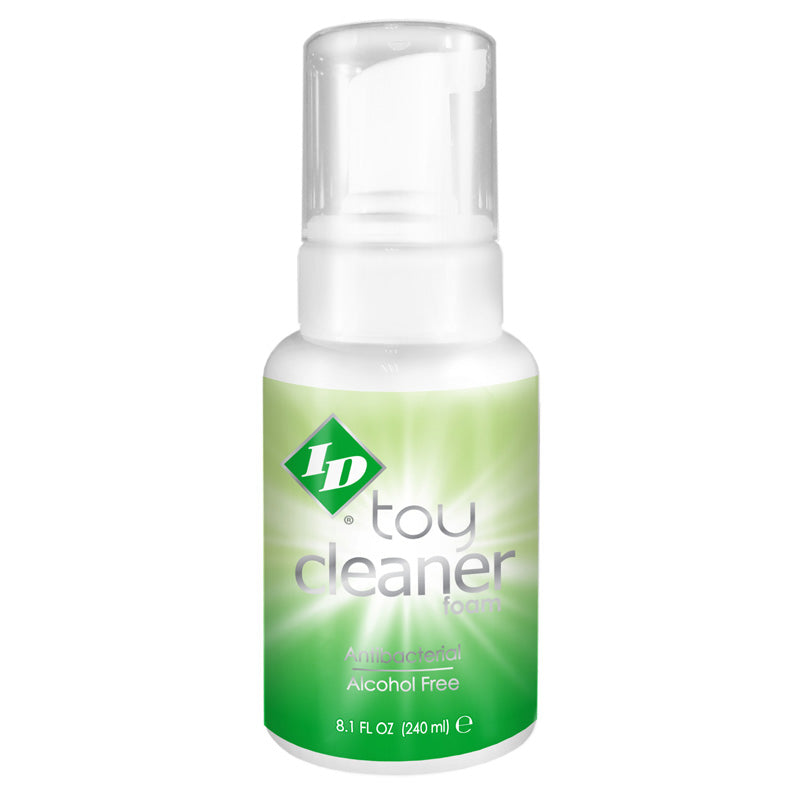 ID Toy Cleaner Foam 240ml bottle with a green apple fragrance, designed for cleaning intimate toys safely and effectively.