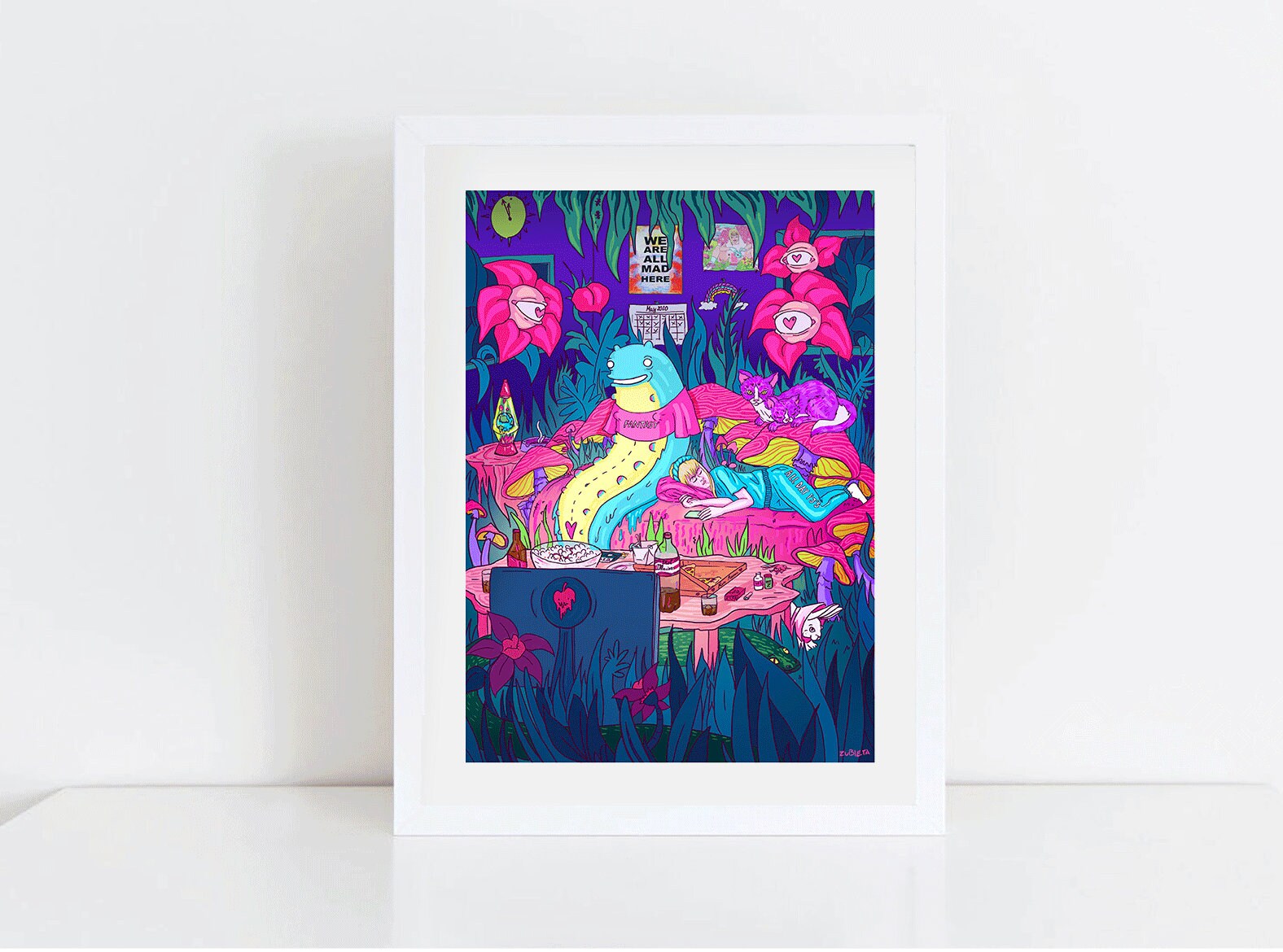 Gicleé fine art print titled 'Inner Jungles: Alice in Lockdown IV', featuring symbols of modern life during lockdown, with a white margin and handwritten signature.