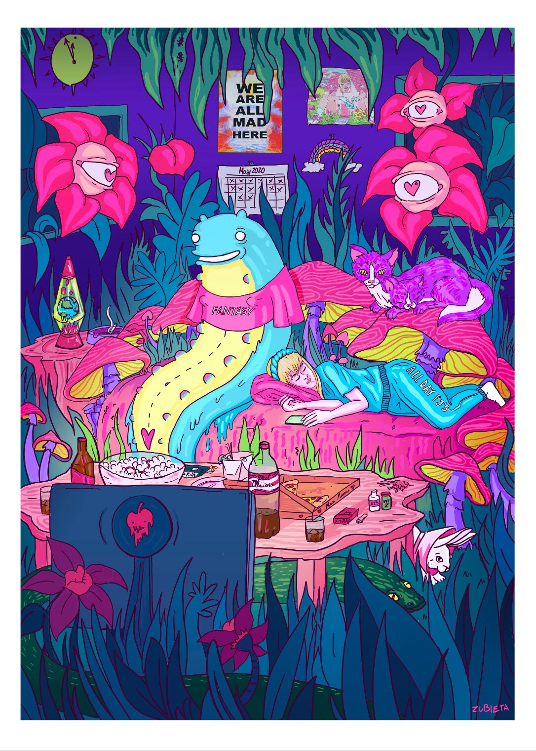 Gicleé fine art print titled 'Inner Jungles: Alice in Lockdown IV', featuring symbols of modern life during lockdown, with a white margin and handwritten signature.