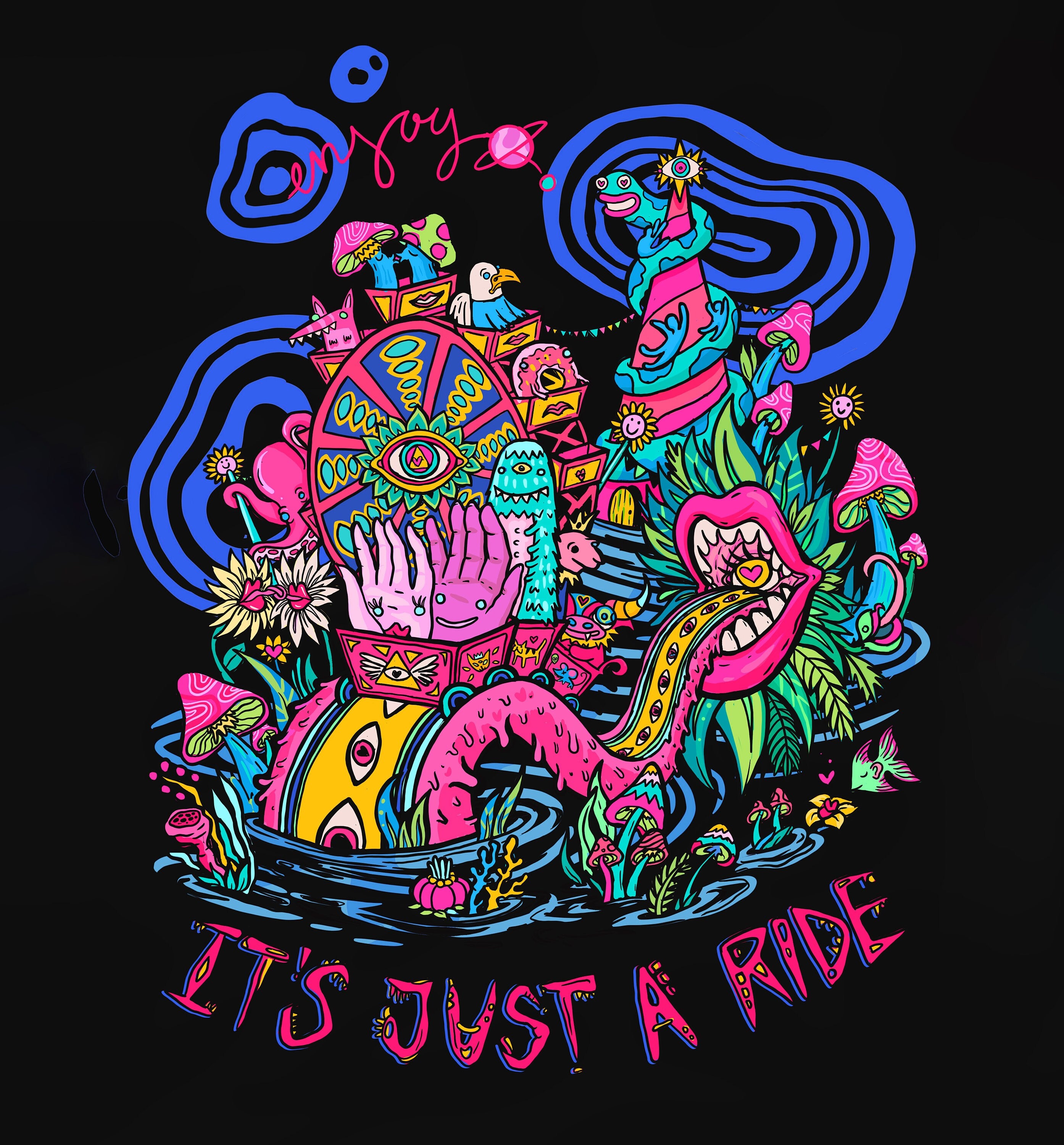 It Is Just A Ride Long Sleeve Tee featuring a surreal design inspired by Bill Hicks' quote, displayed on a model wearing size S.