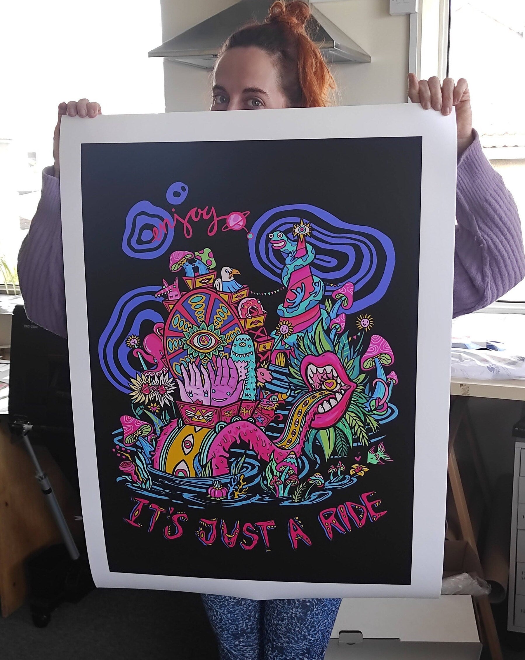 It's Just A Ride II print featuring a motivational quote by Bill Hicks on a black background, hand-signed and limited edition.