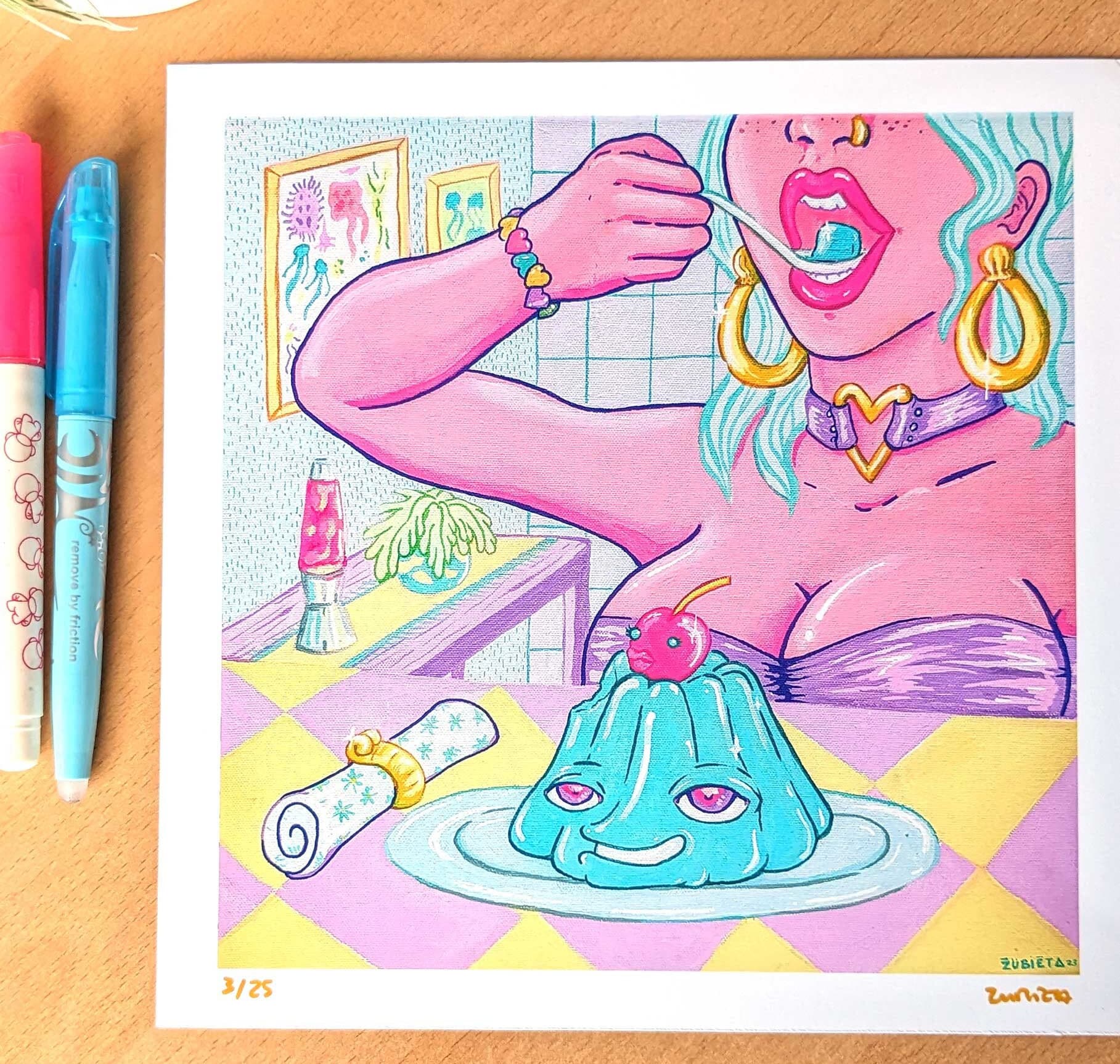 Limited edition Jelly Queen giclee print on high-quality art paper, featuring vibrant colors and intricate details, hand-signed by the artist.