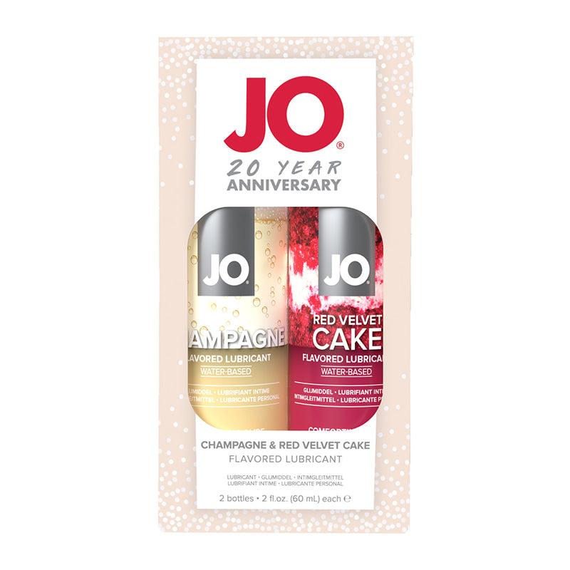 JO 20th Anniversary Water-Based Flavored Lubricant Gift Set featuring Champagne and Red Velvet flavors in elegant packaging.