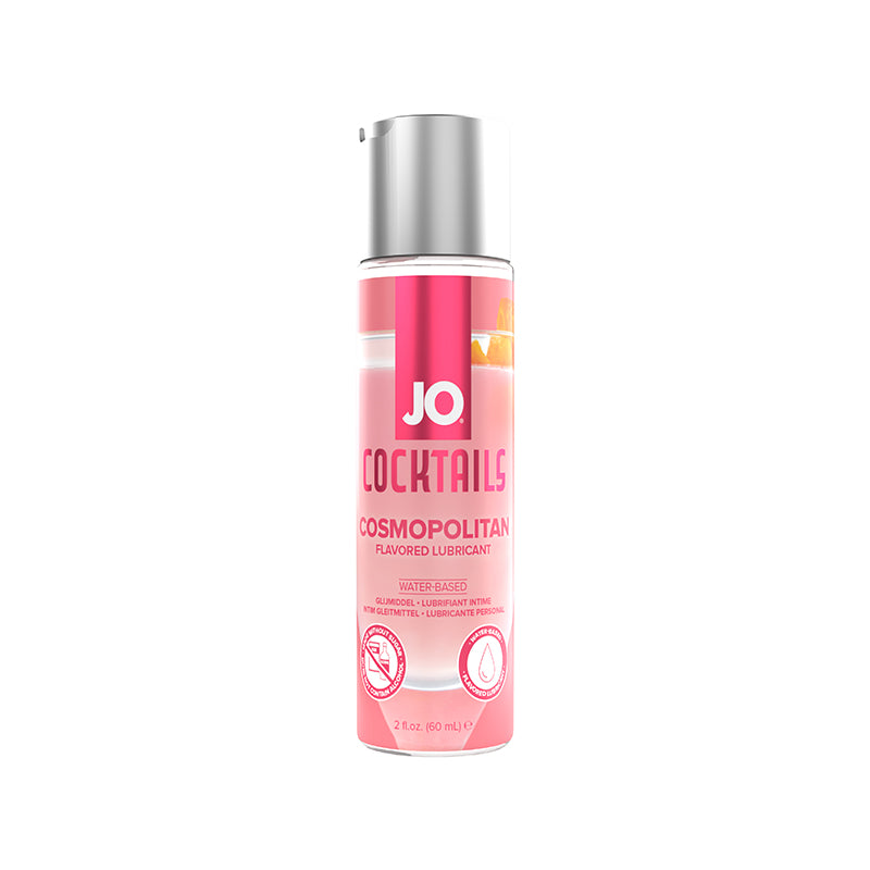 JO Cocktails Cosmopolitan Flavored Lube 2 fl oz bottle with a vibrant design, showcasing its enticing flavor and water-based formula.