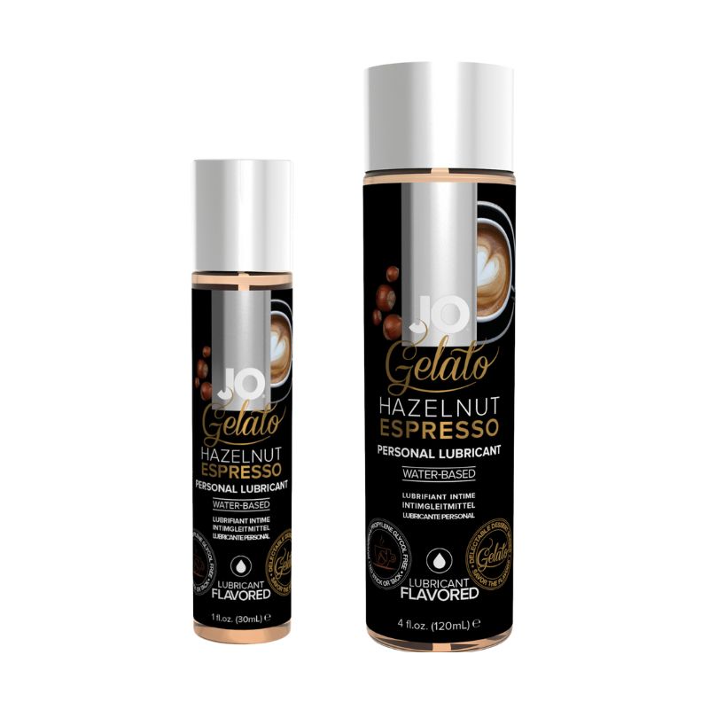 Two bottles of hazelnut espresso lubricant.