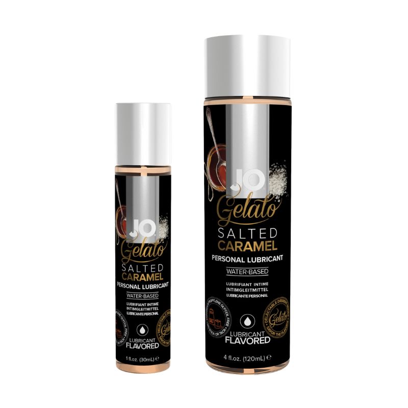 JO Gelato Salted Caramel Water-Based Lube bottle with a rich caramel color and elegant design, perfect for enhancing intimate moments.