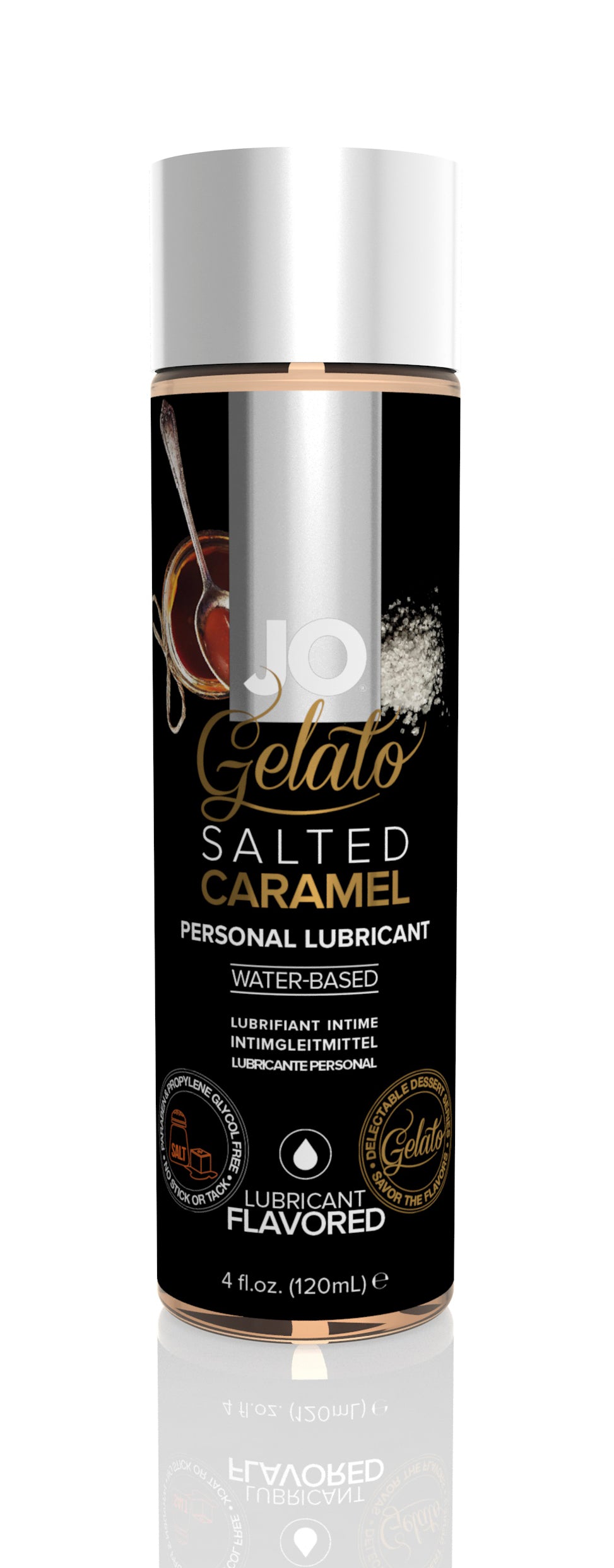 JO Gelato Salted Caramel Water-Based Lube bottle with a rich caramel color and elegant design, perfect for enhancing intimate moments.