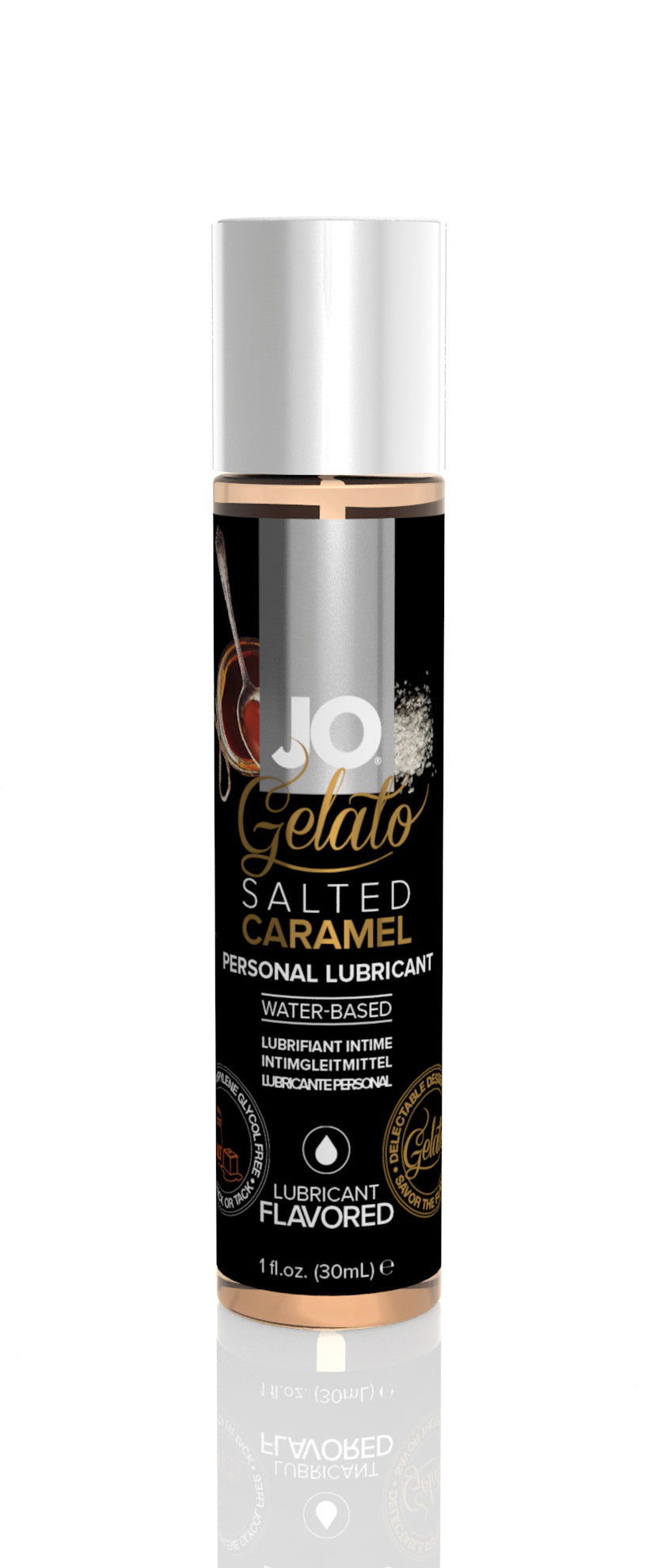 JO Gelato Salted Caramel Water-Based Lube bottle with a rich caramel color and elegant design, perfect for enhancing intimate moments.