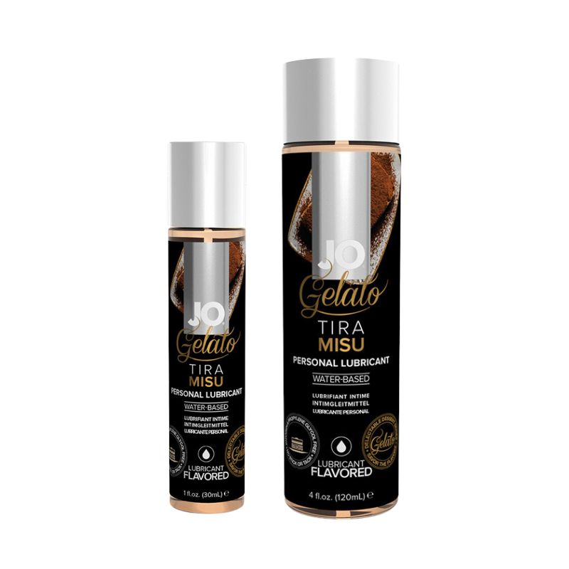 JO Gelato Tiramisu water-based lubricant bottle with a rich tiramisu dessert background, showcasing its sweet flavor and water-based formula.