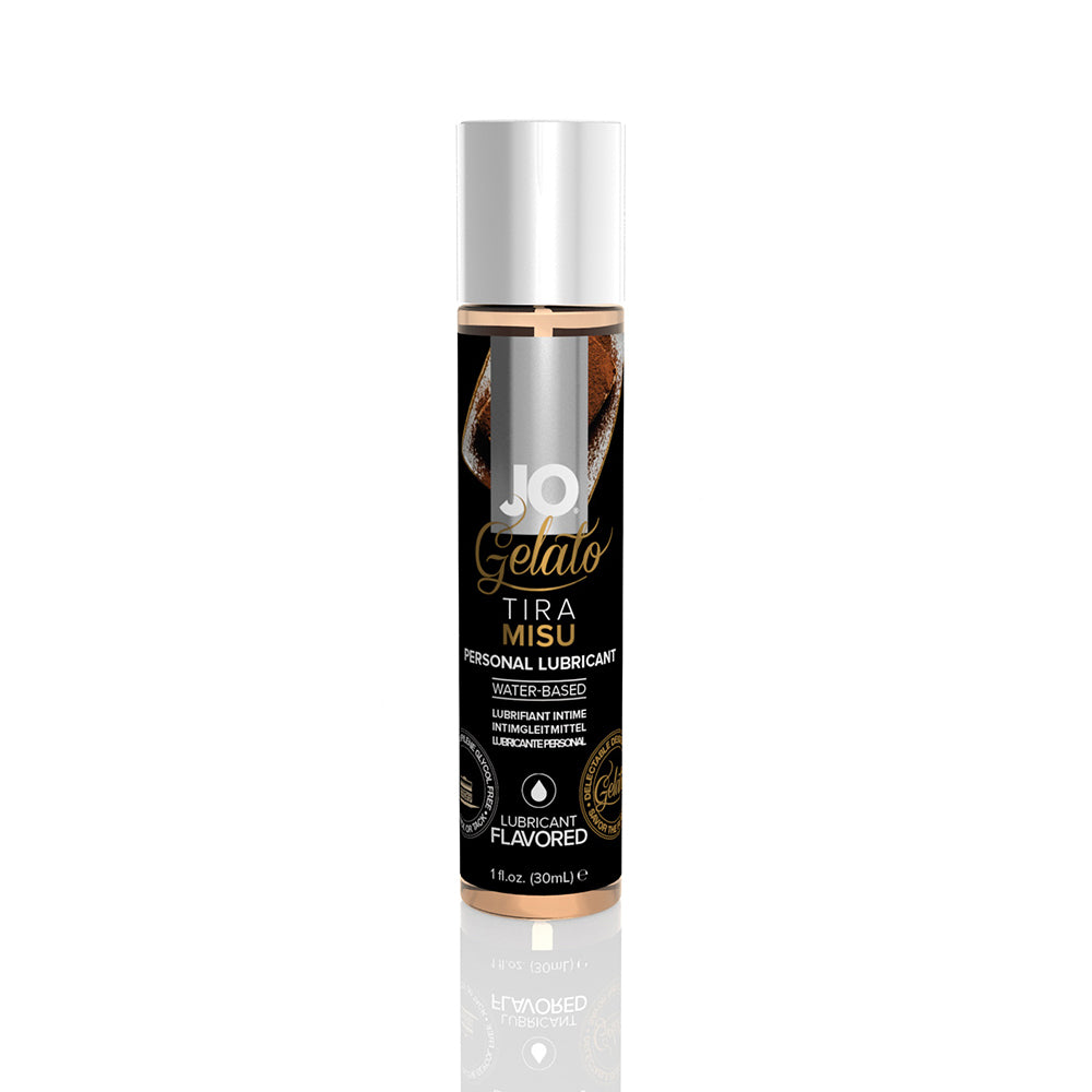 JO Gelato Tiramisu water-based lubricant bottle with a rich tiramisu dessert background, showcasing its sweet flavor and water-based formula.