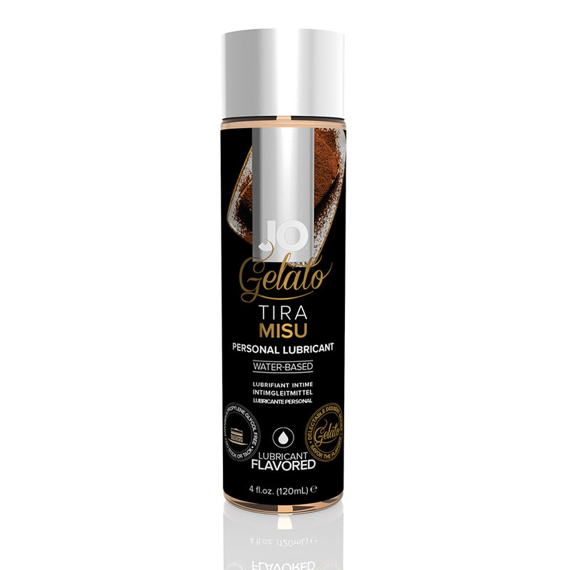 JO Gelato Tiramisu water-based lubricant bottle with a rich tiramisu dessert background, showcasing its sweet flavor and water-based formula.