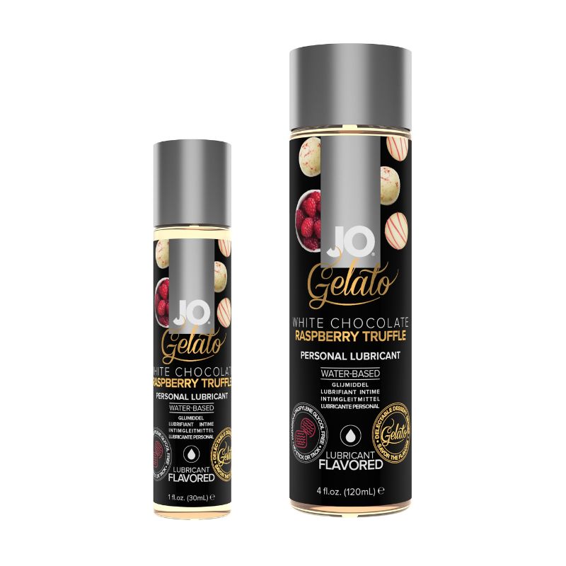 JO Gelato White Chocolate Raspberry Truffle Lubricant bottle with a creamy white chocolate and raspberry design, showcasing its delicious flavor.