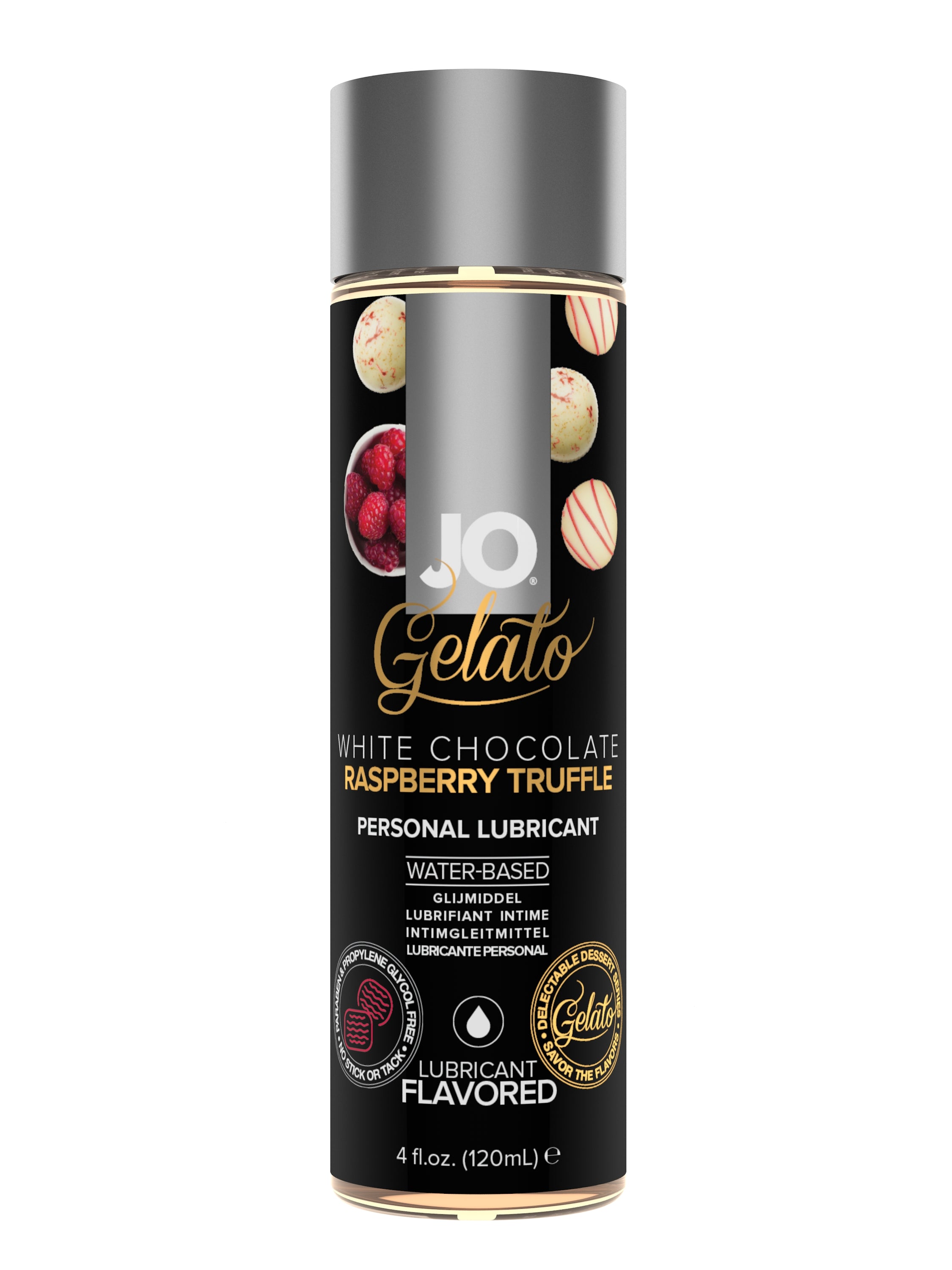 JO Gelato White Chocolate Raspberry Truffle Lubricant bottle with a creamy white chocolate and raspberry design, showcasing its delicious flavor.