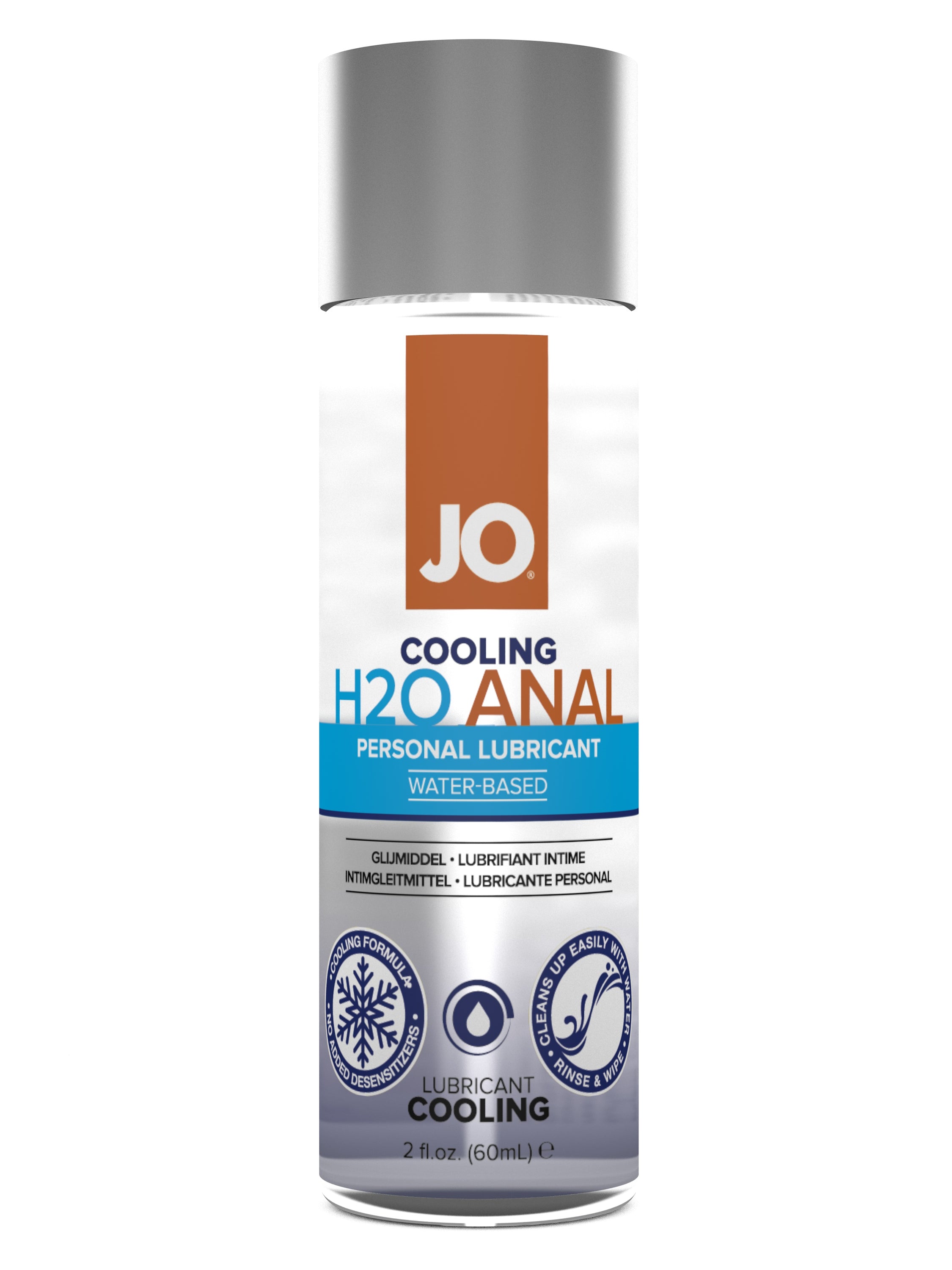 JO H2O Anal Cooling Lubricant 2 fl oz bottle with minty cooling formula for enhanced anal pleasure.