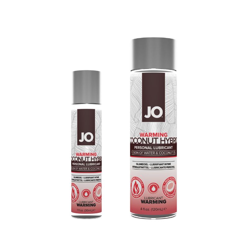 JO Silicone Free Hybrid Lubricant with Coconut, featuring a sleek bottle design and a warm, inviting label.