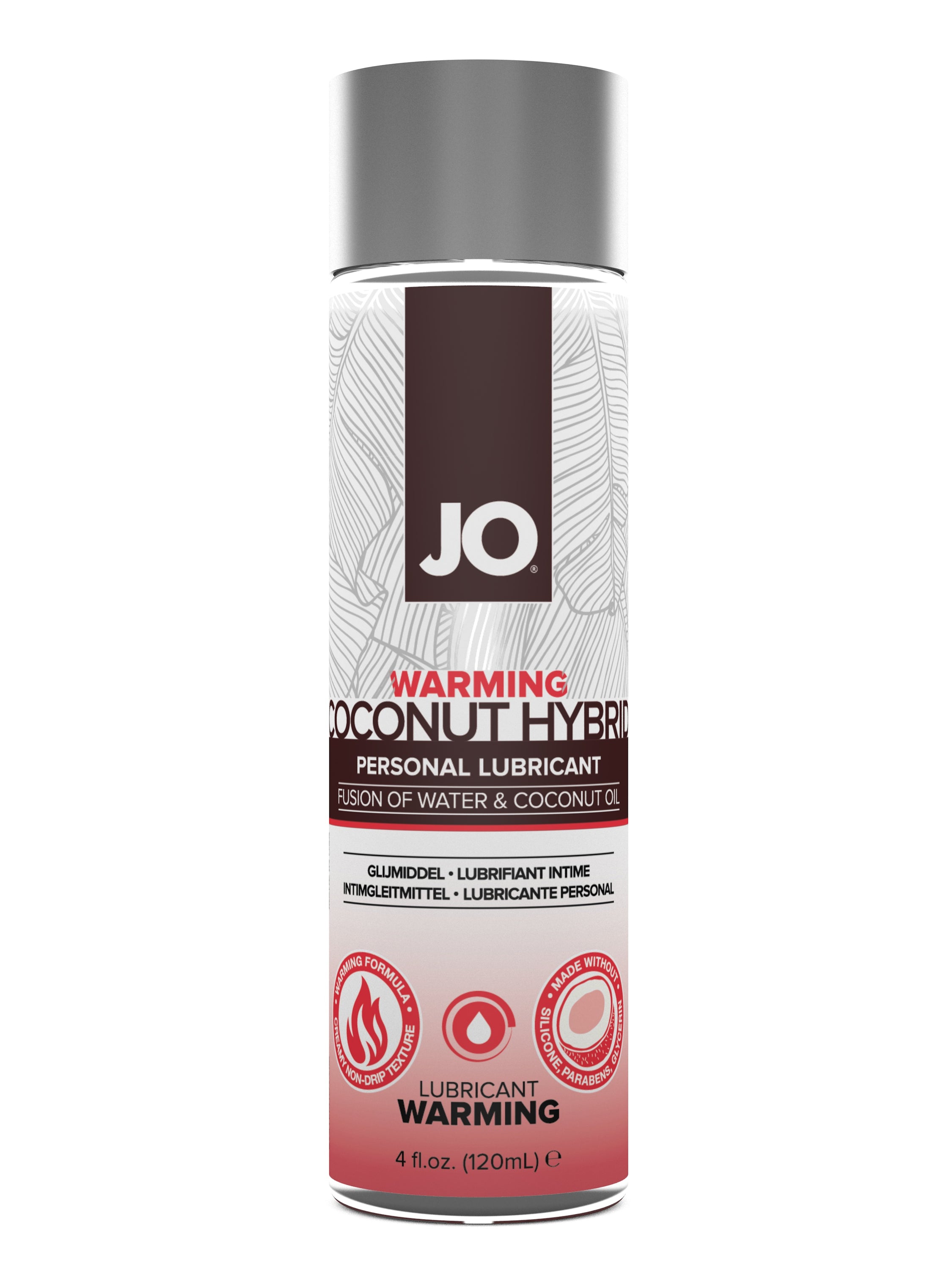 JO Silicone Free Hybrid Lubricant with Coconut, featuring a sleek bottle design and a warm, inviting label.