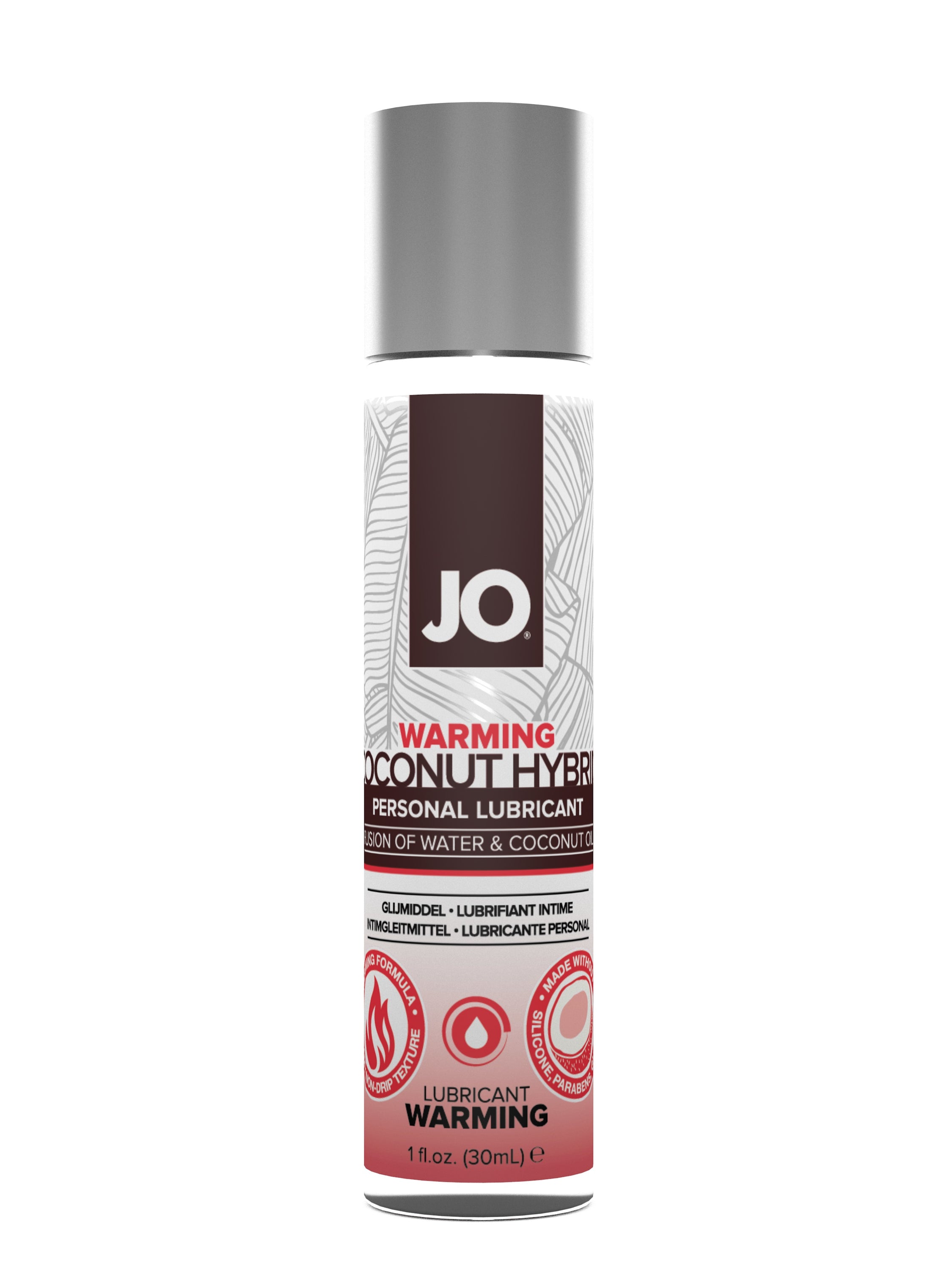 JO Silicone Free Hybrid Lubricant with Coconut, featuring a sleek bottle design and a warm, inviting label.