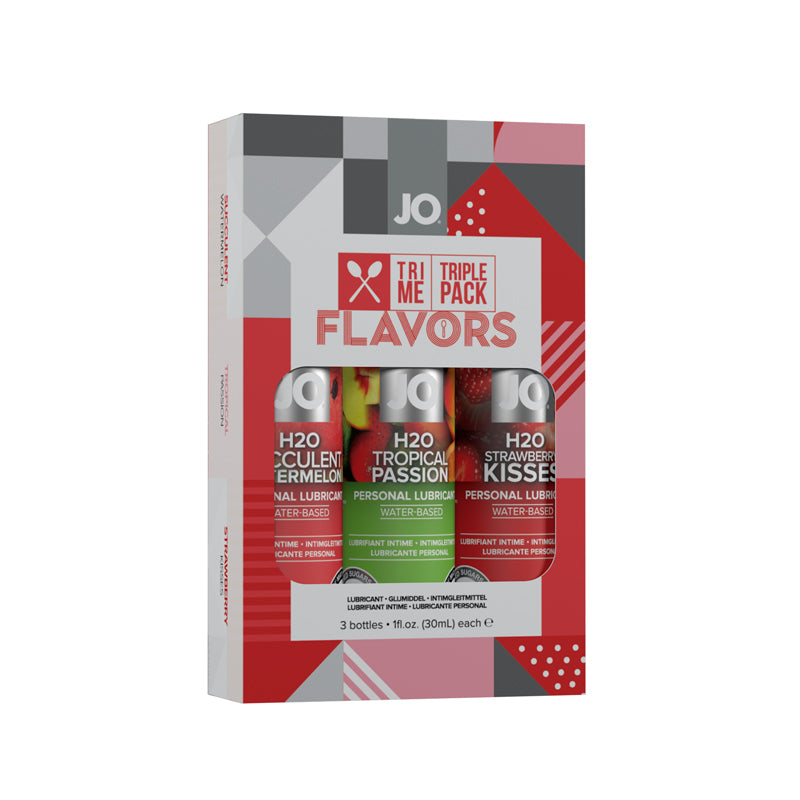 JO Tri Me Triple Pack Water-Based lubricants featuring three flavors: Watermelon, Tropical Passion, and Strawberry Kisses in colorful packaging.