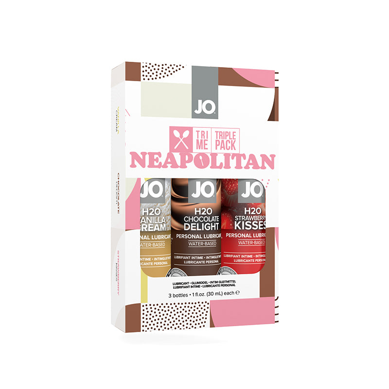 JO Tri Me Triple Pack NEAPOLITAN water-based lubricants featuring Strawberry, Vanilla, and Chocolate flavors in elegant packaging.