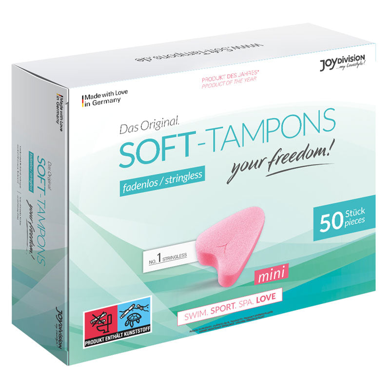 JoyDivision Mini Soft-Tampons Box containing 50 eco-friendly, stringless tampons designed for comfort and safety during menstruation.