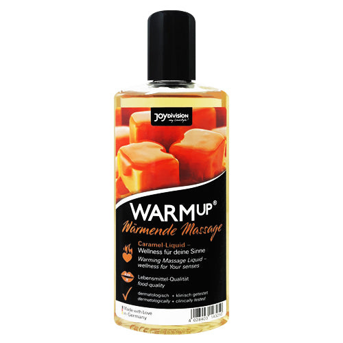 JOYDIVISION WARMup Caramel Massage Oil 150ml bottle with a warm caramel scent, designed for sensual massages.