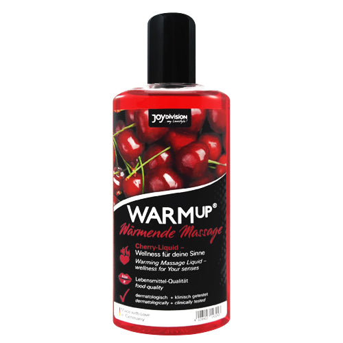 JOYDIVISION WARMup Cherry Massage Oil 150ml bottle with a cherry design, showcasing its non-greasy and warming properties.