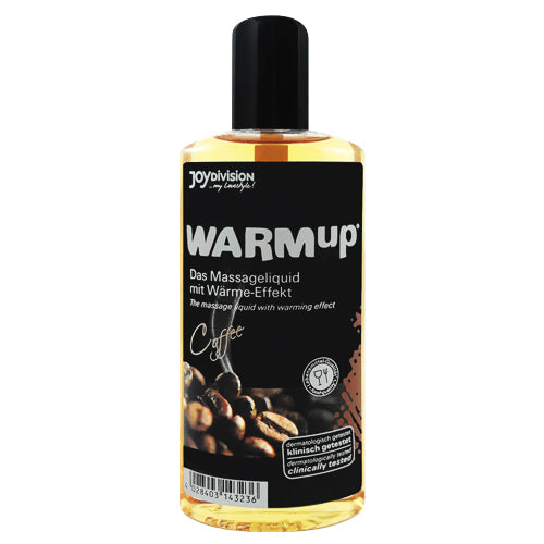 Bottle of JOYDIVISION WARMup Coffee Massage Oil 150ml with a warm coffee scent, designed for intimate massages.