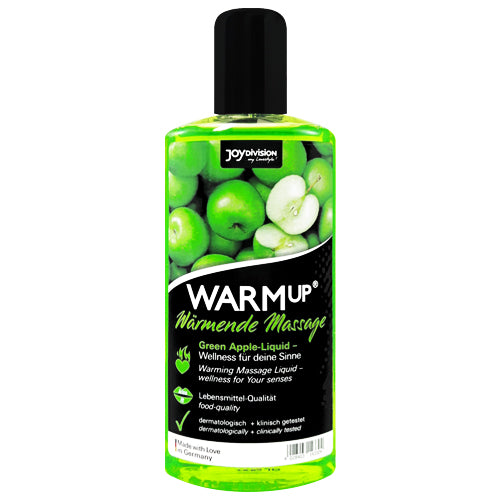 JOYDIVISION WARMup Green Apple 150ml massage oil bottle with a vibrant green apple design, showcasing its fruity flavor and warming properties.